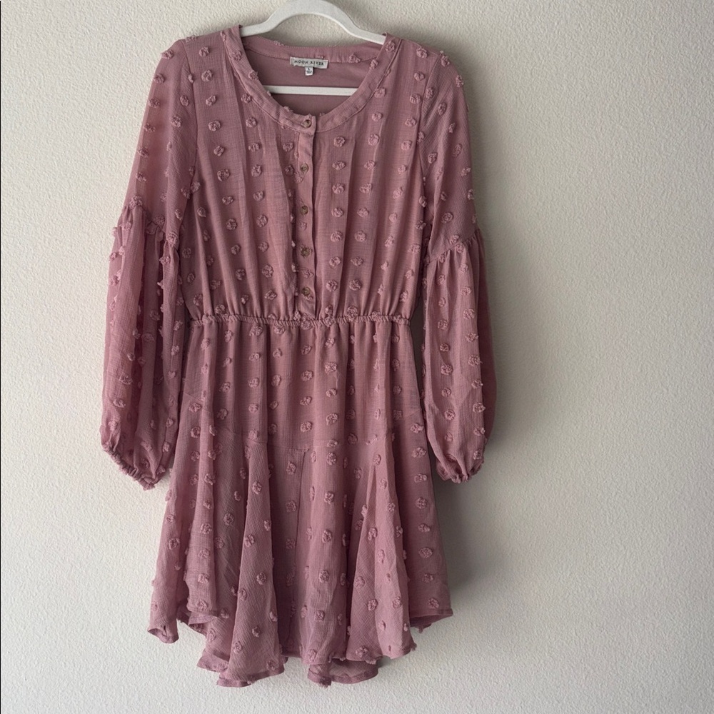 Blush Pink dress with long sleeves has embroidered polka dots all over